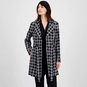 LE SUIT TRENCH-STYLE ELONGATED BELTED 90’S B&W PLAID JACKET SHOULDER PADS LINED